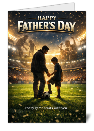 Father and son on a soccer field under bright stadium lights, sharing a moment with a ball and a 'Happy Father's Day' banner above.