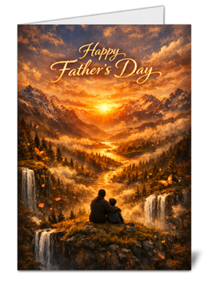 Couple sitting on a rocky ledge gazing at a golden sunset over mountains with 'Happy Father's Day' text across the sky, warm tones.