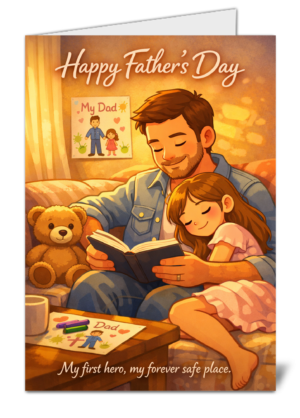 Father reading a book with daughter on his lap, teddy bear beside them, Father6s Day card on the wall in a warm living room scene