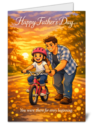 Father and daughter bike together at sunset on a warm, celebratory Father's Day card.