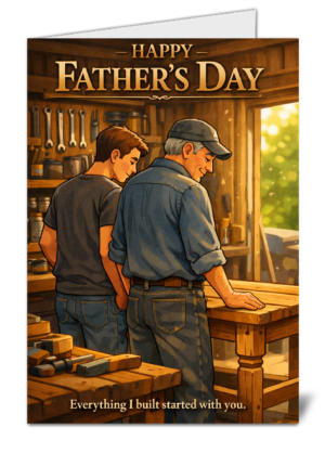Father and son in a woodshop, with 'Happy Father's Day' text at top and 'Everything I built started with you' caption at bottom, as a Father's Day card cover.
