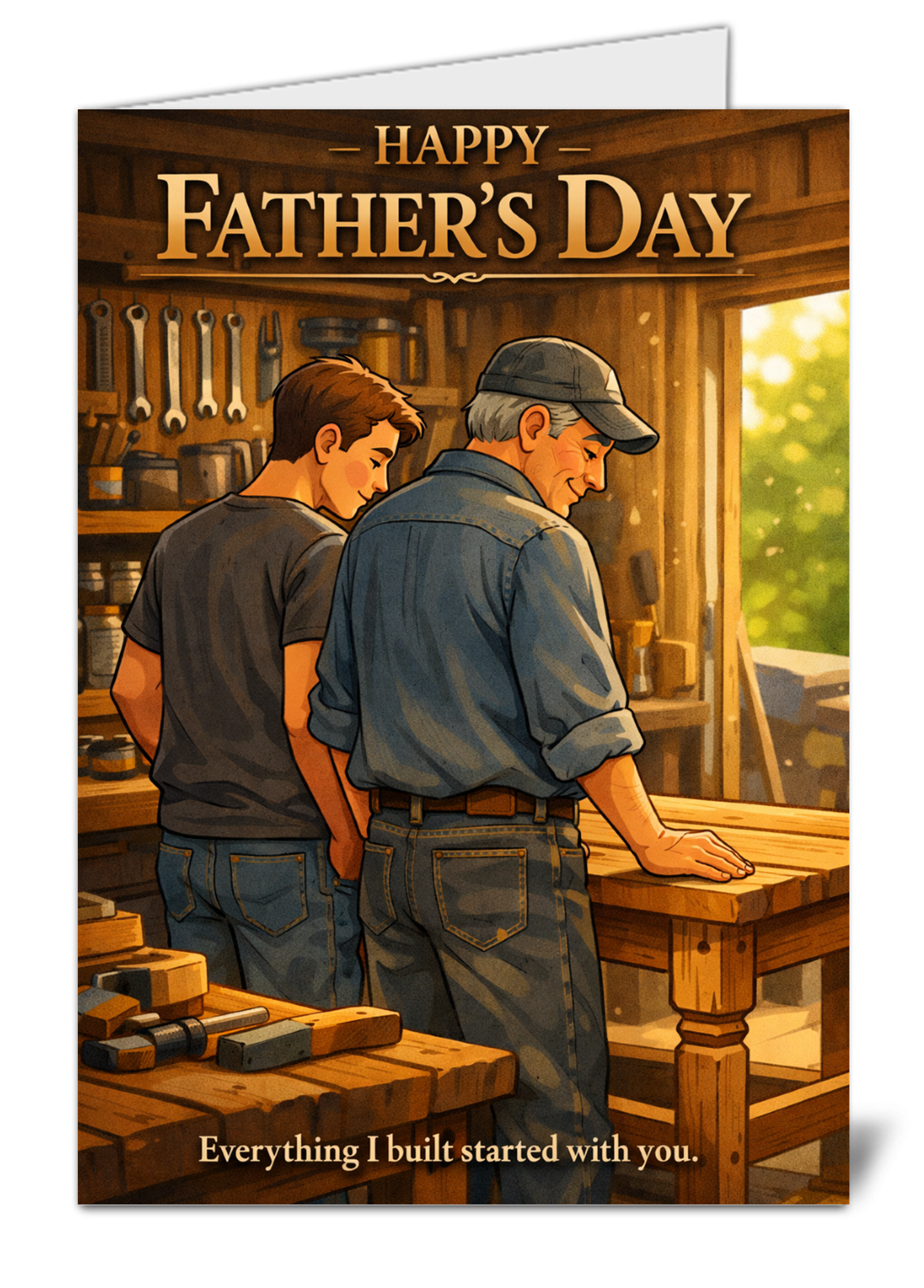 Fathers day sale pic 1159 father and son in a woodshop with happy fathers day text at top and everything i built started with you caption at bottom as a fathers day card cover | uk wide print