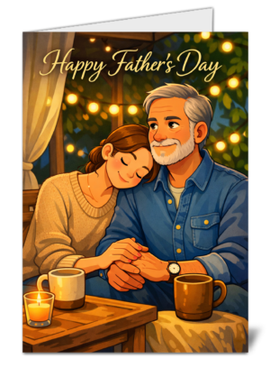 Father and partner sitting close together at a cozy outdoor setting with string lights, holding hands; the card reads 'Happy Father's Day' at the top.