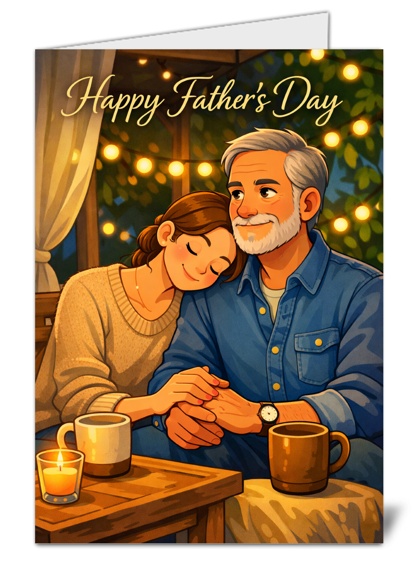 Fathers day sale pic 1160 father and partner sitting close together at a cozy outdoor setting with string lights holding hands the card reads happy fathers day at the top | uk wide print