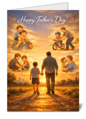 Father walking with children at sunset, a warm family moment for Father’s Day card