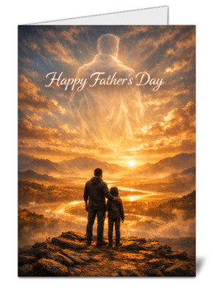 Two people, likely a father and child, stand on rocky ground overlooking a golden sunset valley. The card reads 'Happy Father's Day' in the sky above them.