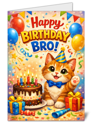 Birthday card featuring a cute orange kitten with a party hat and blue bow tie beside a chocolate cake, balloons, and wrapped gifts with the text 'Happy Birthday Bro!'