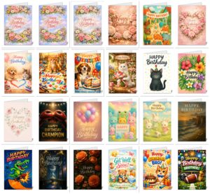 Assorted birthday cards featuring flowers, balloons, animals, and festive 'Happy Birthday' messages.
