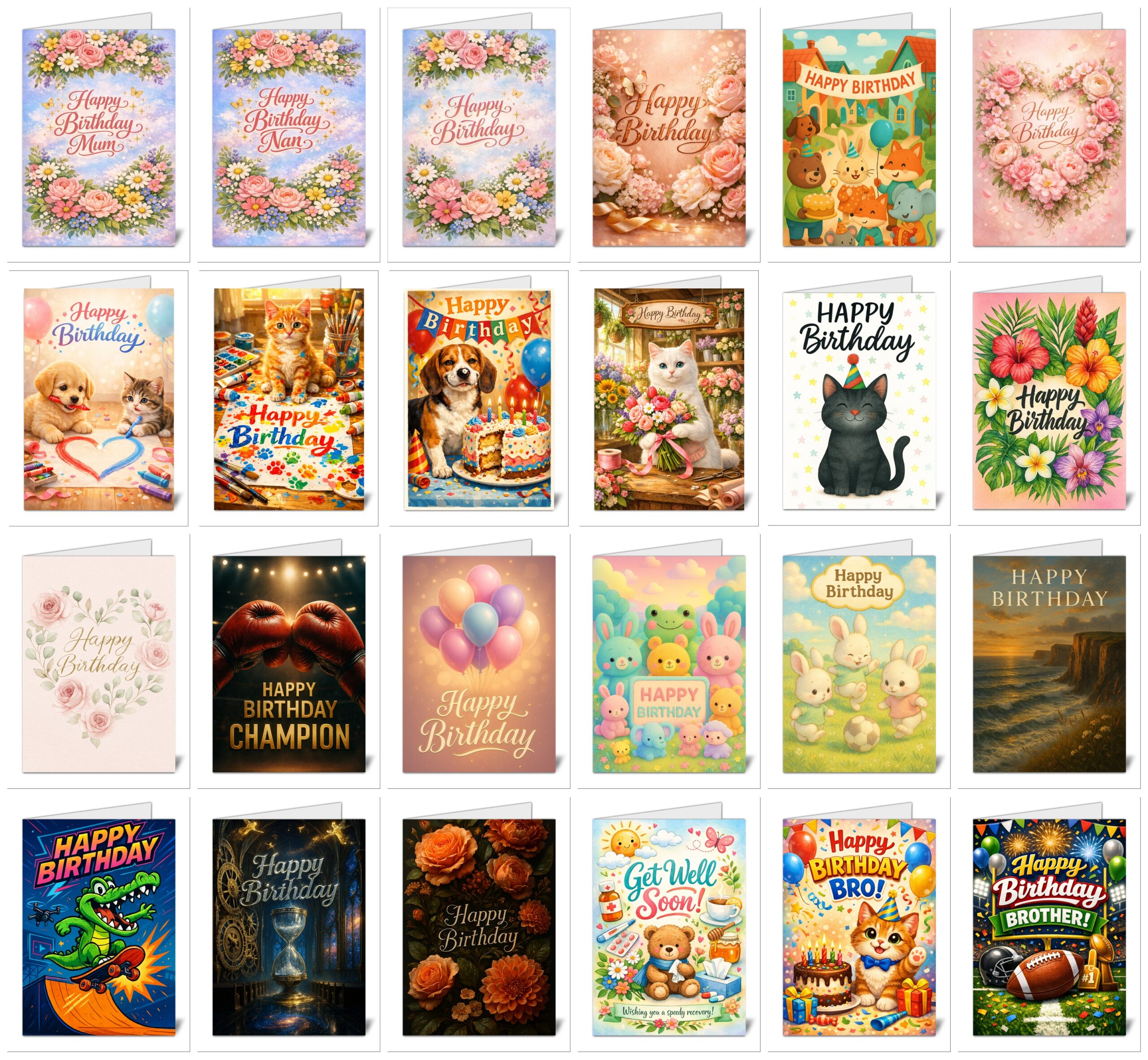 Uk_wide_print_24_card_bumper_pack1 assorted birthday cards featuring flowers balloons animals and festive happy birthday messages | uk wide print
