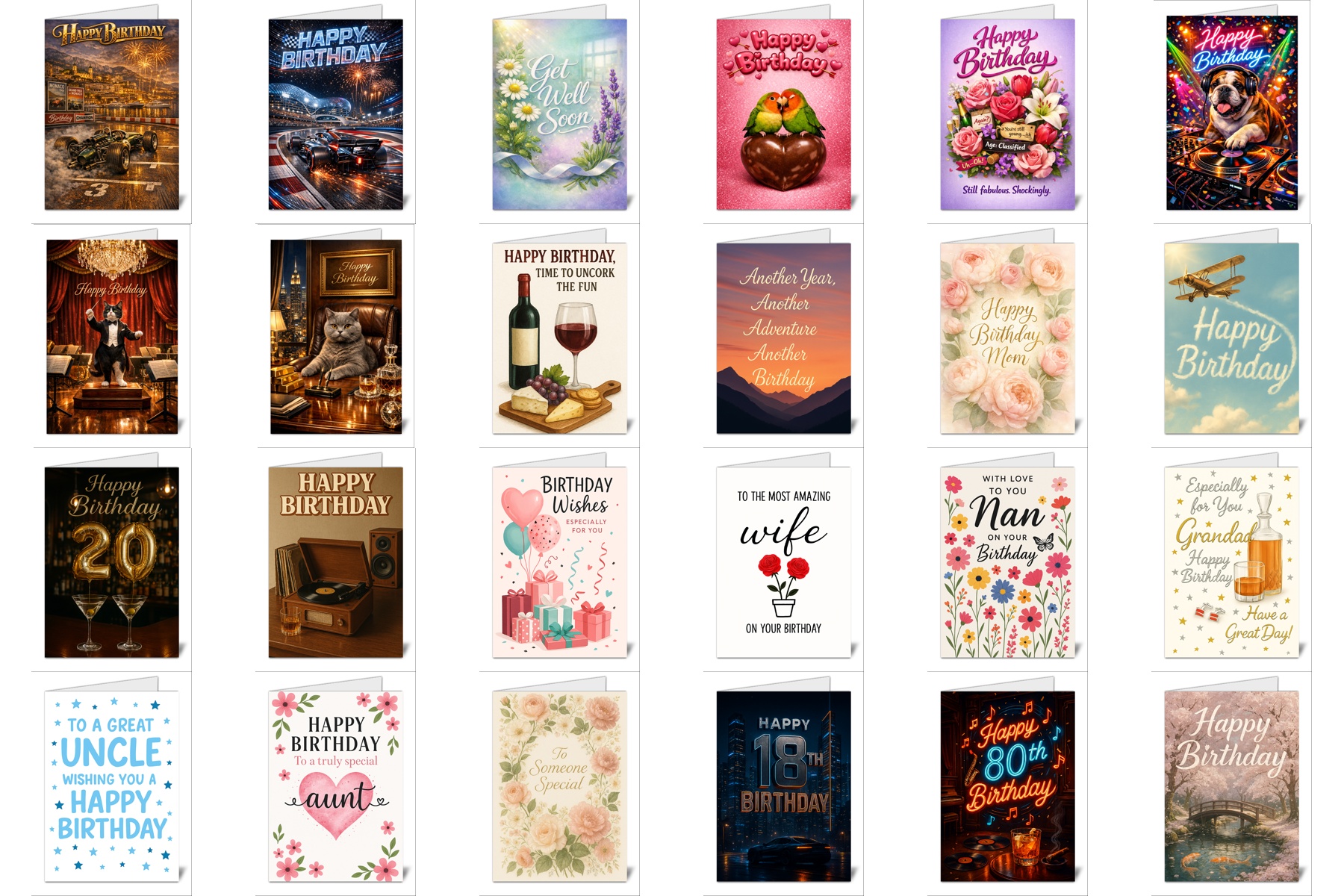 Uk_wide_print_bumper_pack_4 adults gallery of birthday cards in a grid featuring diverse designs cars fireworks flowers animals balloons wine and cheese and happy birthday messages | uk wide print