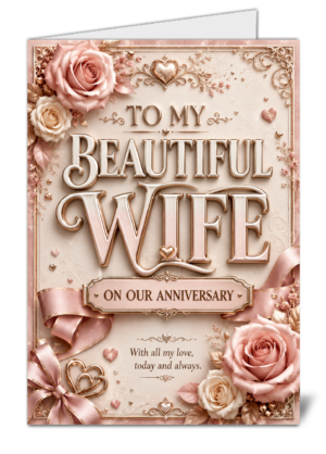 Romantic anniversary card cover in rose-gold tones with pink roses, gold filigree, and the words 'TO MY BEAUTIFUL WIFE' in ornate lettering.