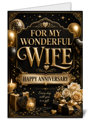 Elegant black-and-gold anniversary card with ornate frame and balloons reading “FOR MY WONDERFUL WIFE”—includes gifts and roses for Happy Anniversary.